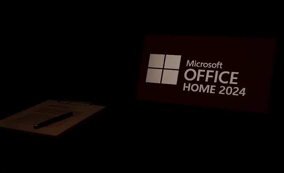 Mörk banner med texten Microsoft Office Home 2024 och Windows-logotyp samt skrivblock med penna