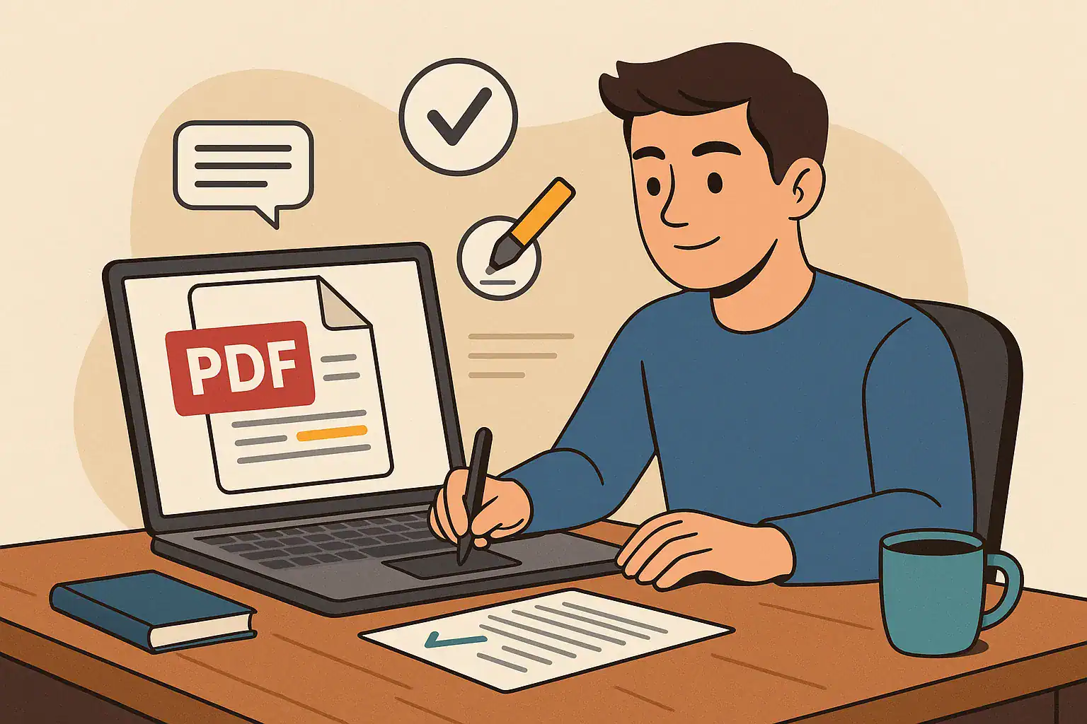 Person som arbetar vid dator och signerar digitalt PDF-dokument online.