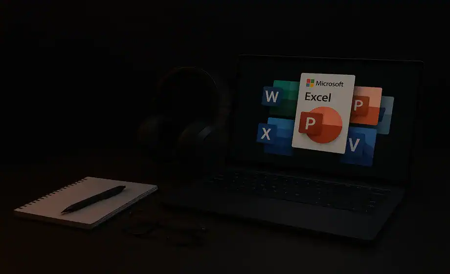 Laptop med Microsoft Office-ikoner (Word, Excel, PowerPoint) på skärmen, bredvid anteckningsblock, glasögon och headset på mörk arbetsyta