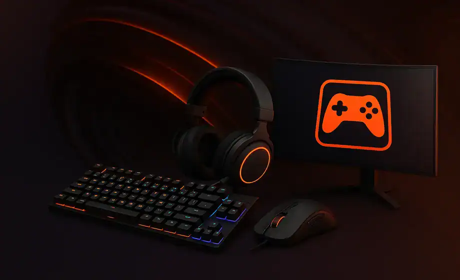 Stilren gamingsetup med tangentbord, gaming-headset, mus och skärm med spelkontrollsymbol mot mörk bakgrund