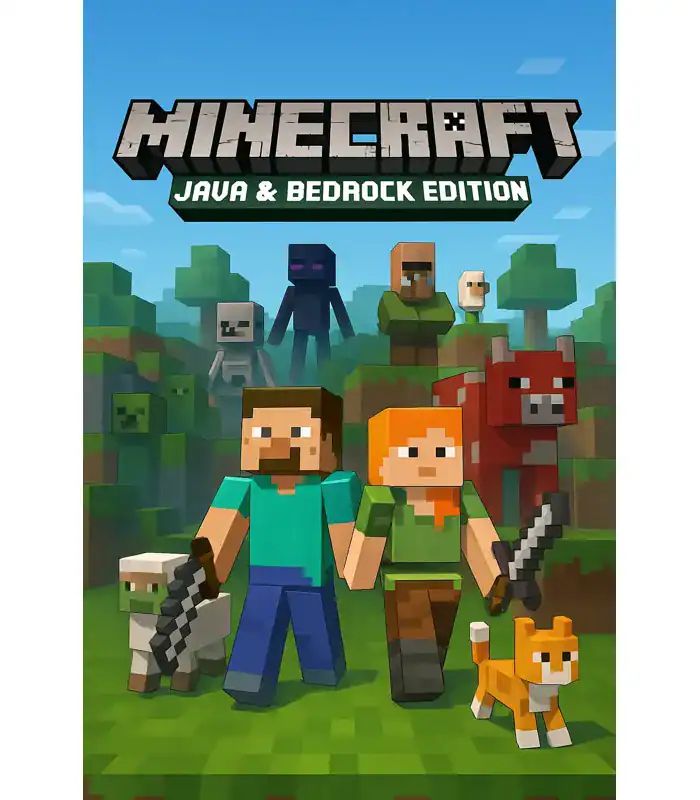 minecraft-java-bedrock-edition-cover Omslag för Minecraft Java och Bedrock Edition med karaktärerna Steve och Alex.