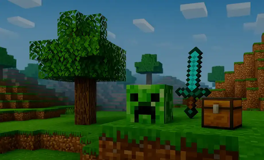 Minecraft-landskap med Creeper, diamant-svärd och kista i blockig stil