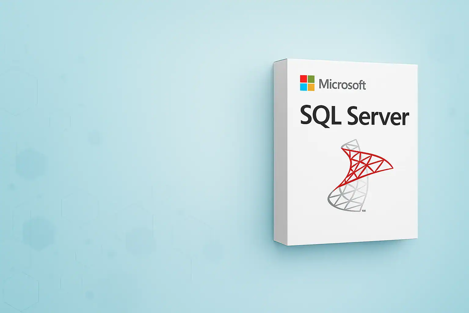 Microsoft SQL Server produktbox – vit förpackning med röd och grå logotyp mot ljusblå bakgrund.