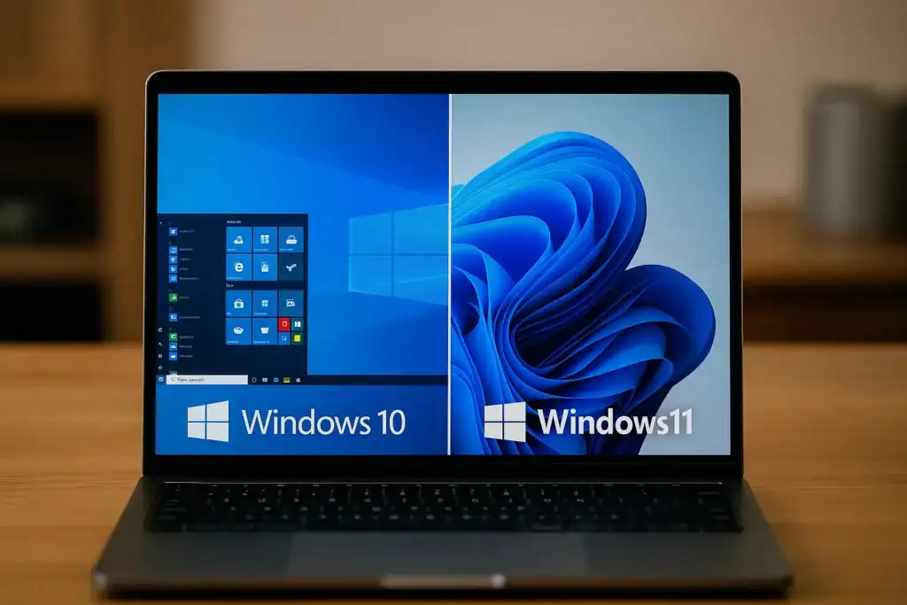 Laptop med jämförelse mellan Windows 10 och Windows 11 på skärmen.
