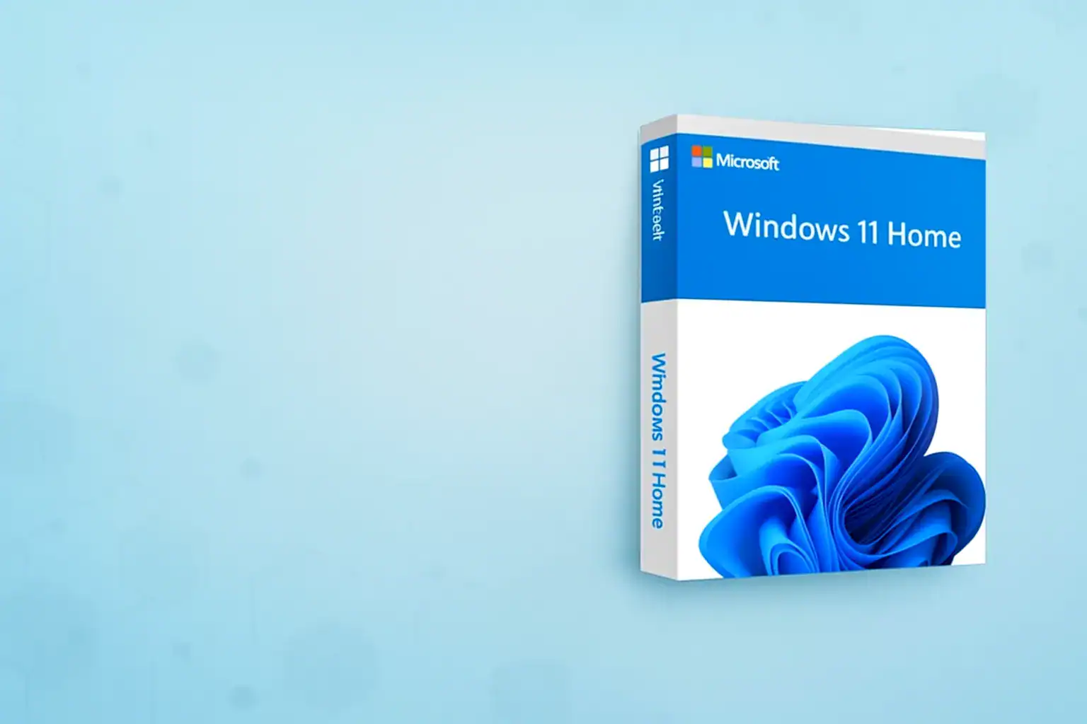 3D-renderad produktbox för Windows 11 Home mot en ljusblå bakgrund med blå virvel – operativsystem från Microsoft