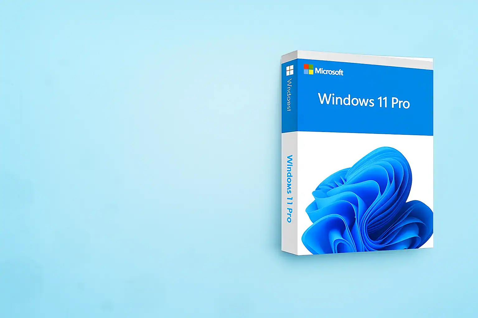 Microsoft Windows 11 Pro produktbox – vit och blå förpackning mot ljusblå bakgrund.